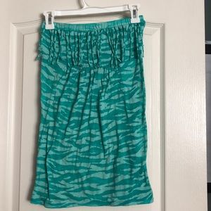 Teal tube top with tiger pattern.